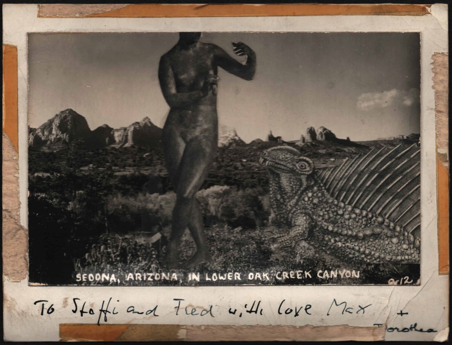 Max Ernst and Dorothea Tanning to Stefi and Friedrich Kiesler, collage postcard, Sedona/Arizona, late 1940s. Courtesy by the Austrian Frederick and Lillian Kiesler Private Foundation, Vienna.
