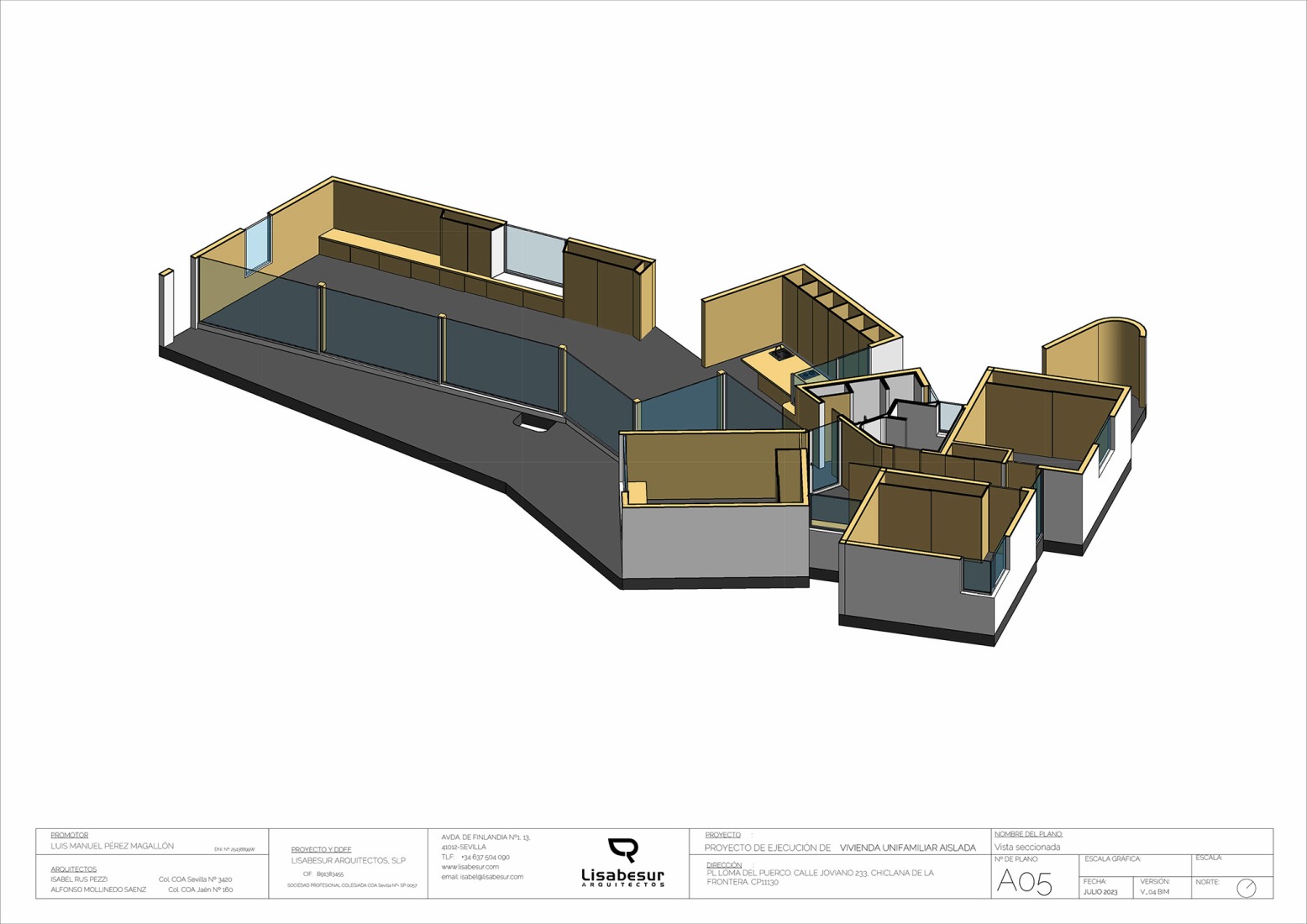 Axonometría. Casa Pinola por Lisabesur Arquitectos.