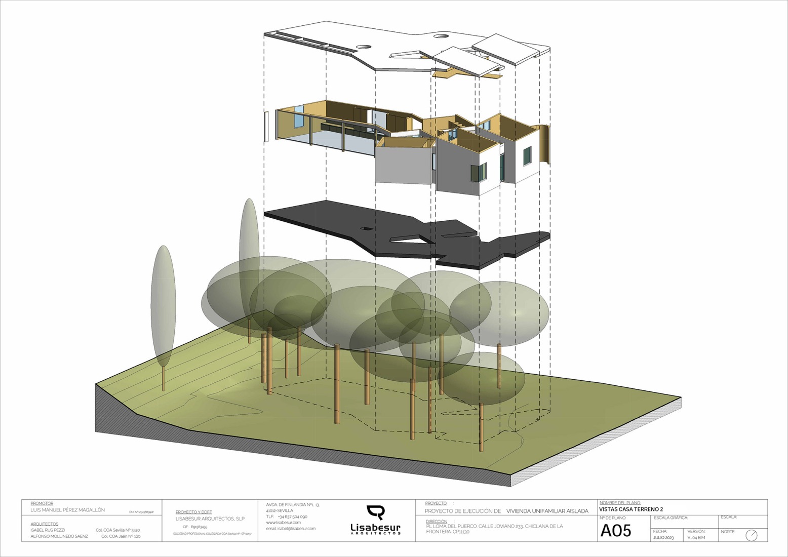 Axonometría explotada. Casa Pinola por Lisabesur Arquitectos.