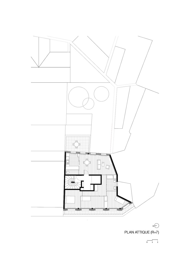 Attic plan. 15 housing units in solid stone, timber and hemp concrete by MAO Architectes.