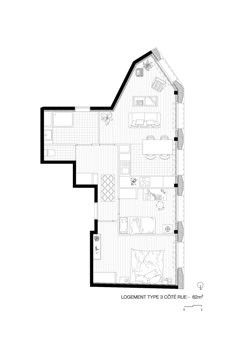 Three-bedroom apartment. 15 housing units in solid stone, timber and hemp concrete by MAO Architectes.
