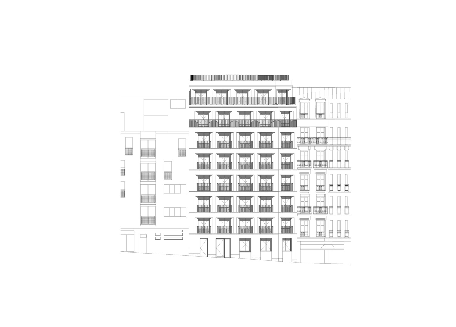 Front elevation. 15 housing units in solid stone, timber and hemp concrete by MAO Architectes.