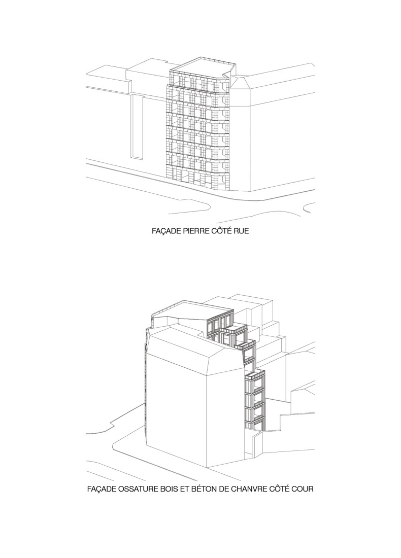 Axonometry. 15 housing units in solid stone, timber and hemp concrete by MAO Architectes.