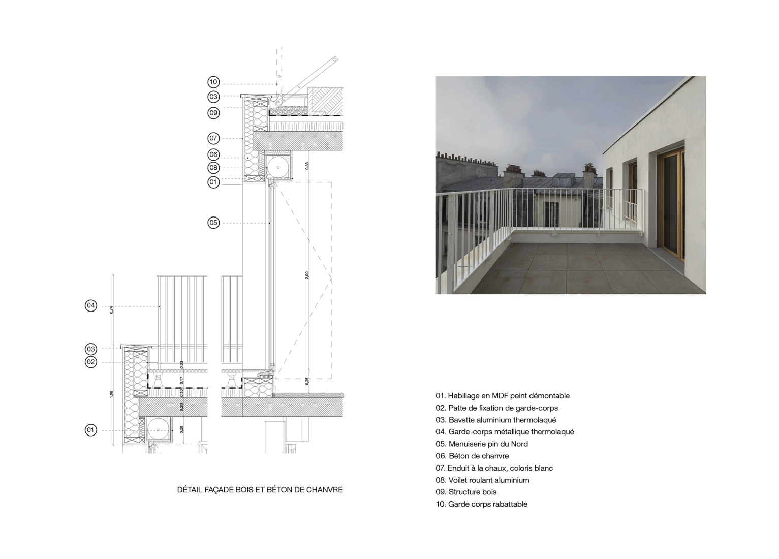 Terrace detail. 15 housing units in solid stone, timber and hemp concrete by MAO Architectes.