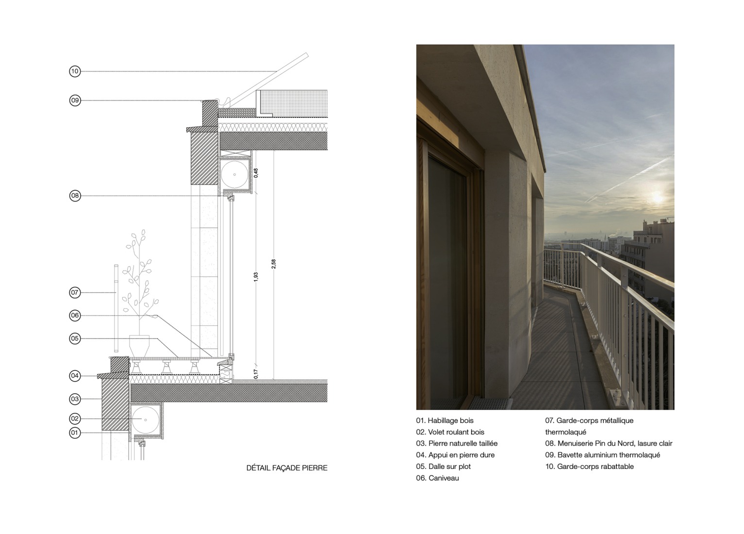 Detail of terrace stone facade. 15 housing units in solid stone, timber and hemp concrete by MAO Architectes.