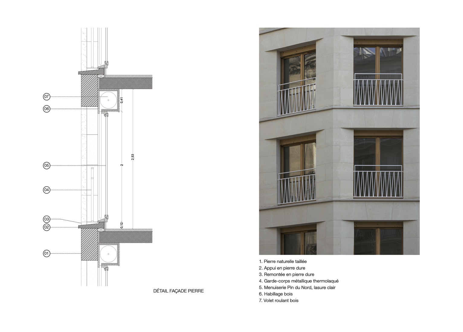 Detail of carpentry on stone facade. 15 housing units in solid stone, timber and hemp concrete by MAO Architectes