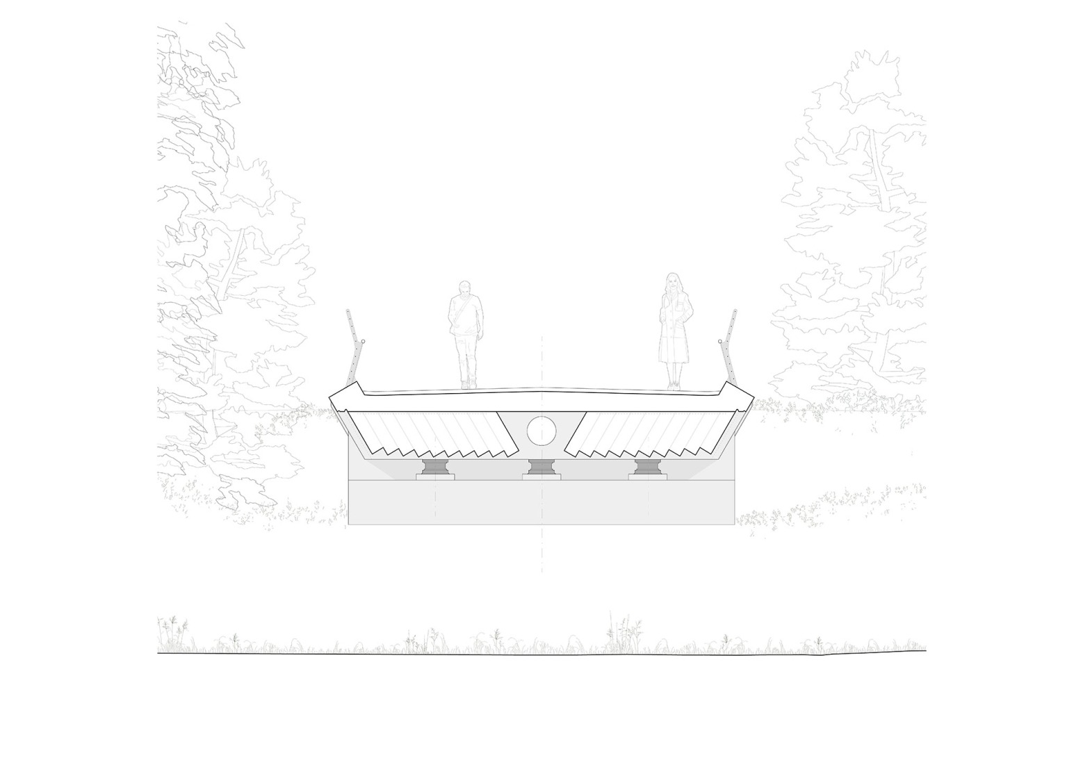 Cross section. Baiersbronn Bridge by Moxon Architects + IB Miebach.
