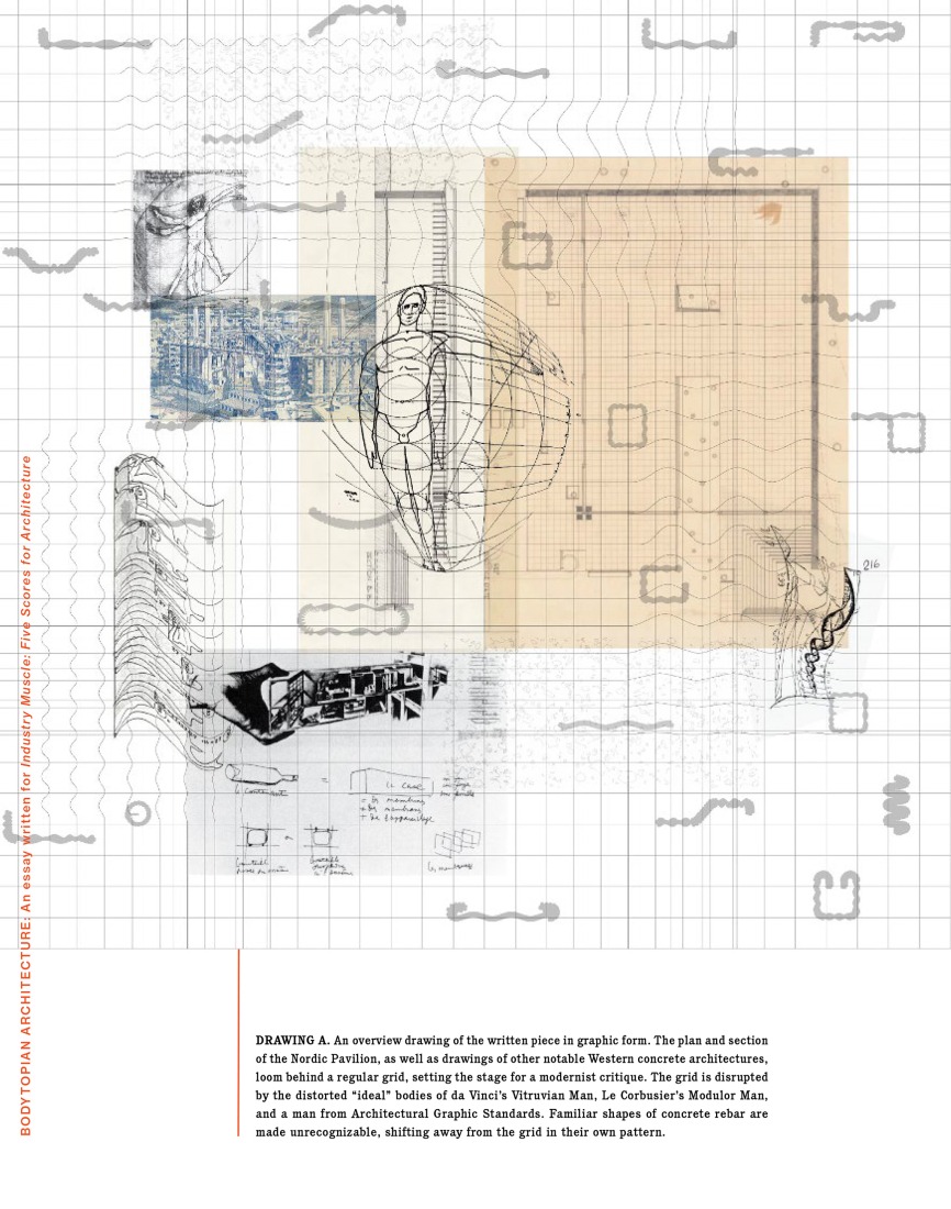 DIBUJO A. Dibujo general de la obra escrita en formato gráfico. La planta y la sección del Pabellón Nórdico, así como dibujos de otras notables arquitecturas occidentales de hormigón, se vislumbran tras una cuadrícula regular, preparando el terreno para una crítica moderna. La cuadrícula se ve interrumpida por los cuerpos "ideales" distorsionados del Hombre de Vitruvio de Da Vinci, el Hombre Modulor de Le Corbusier y un hombre de los Estándares Gráficos Arquitectónicos. Las formas familiares de las varil