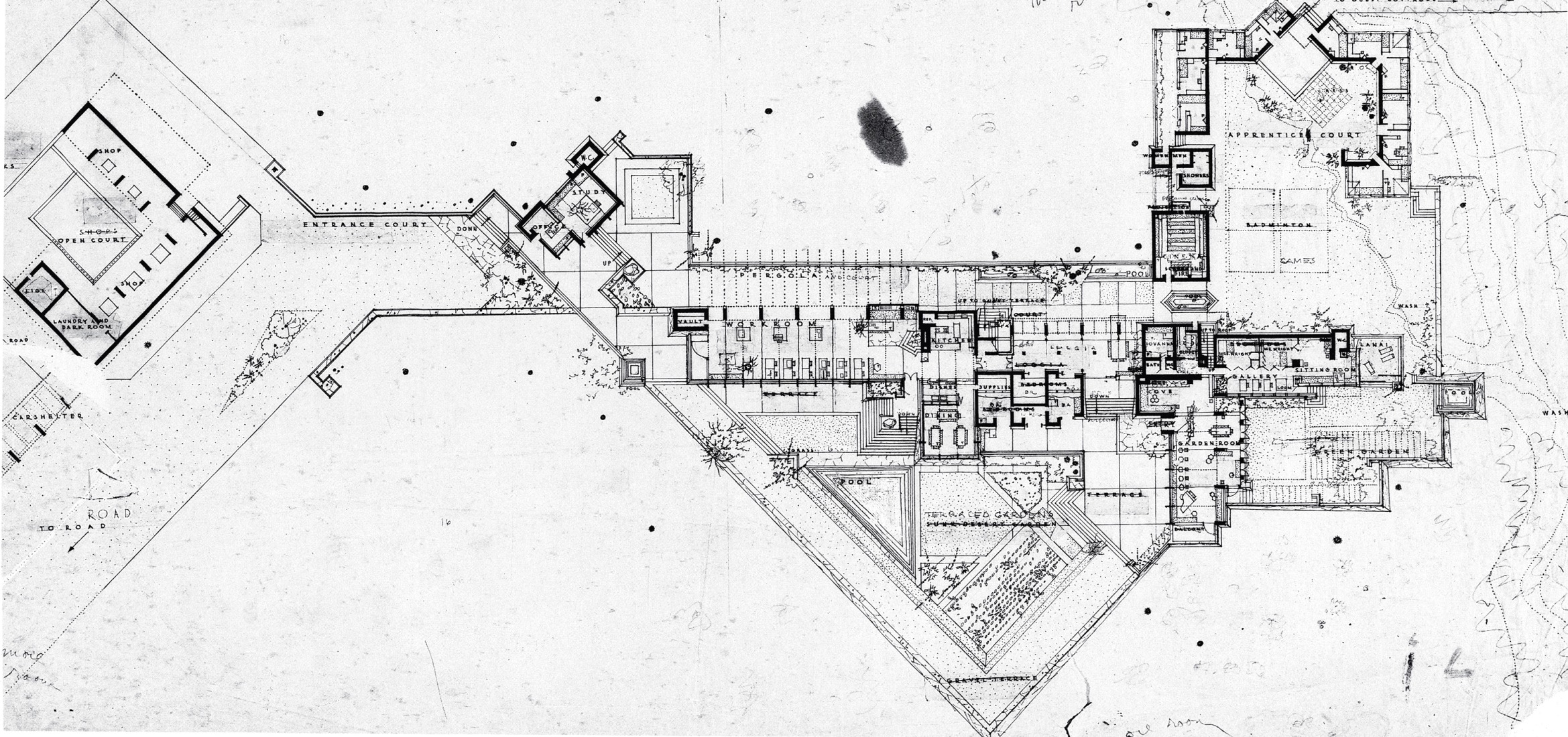 Ground floor plan. Taliesin West por Frank Lloyd Wright.