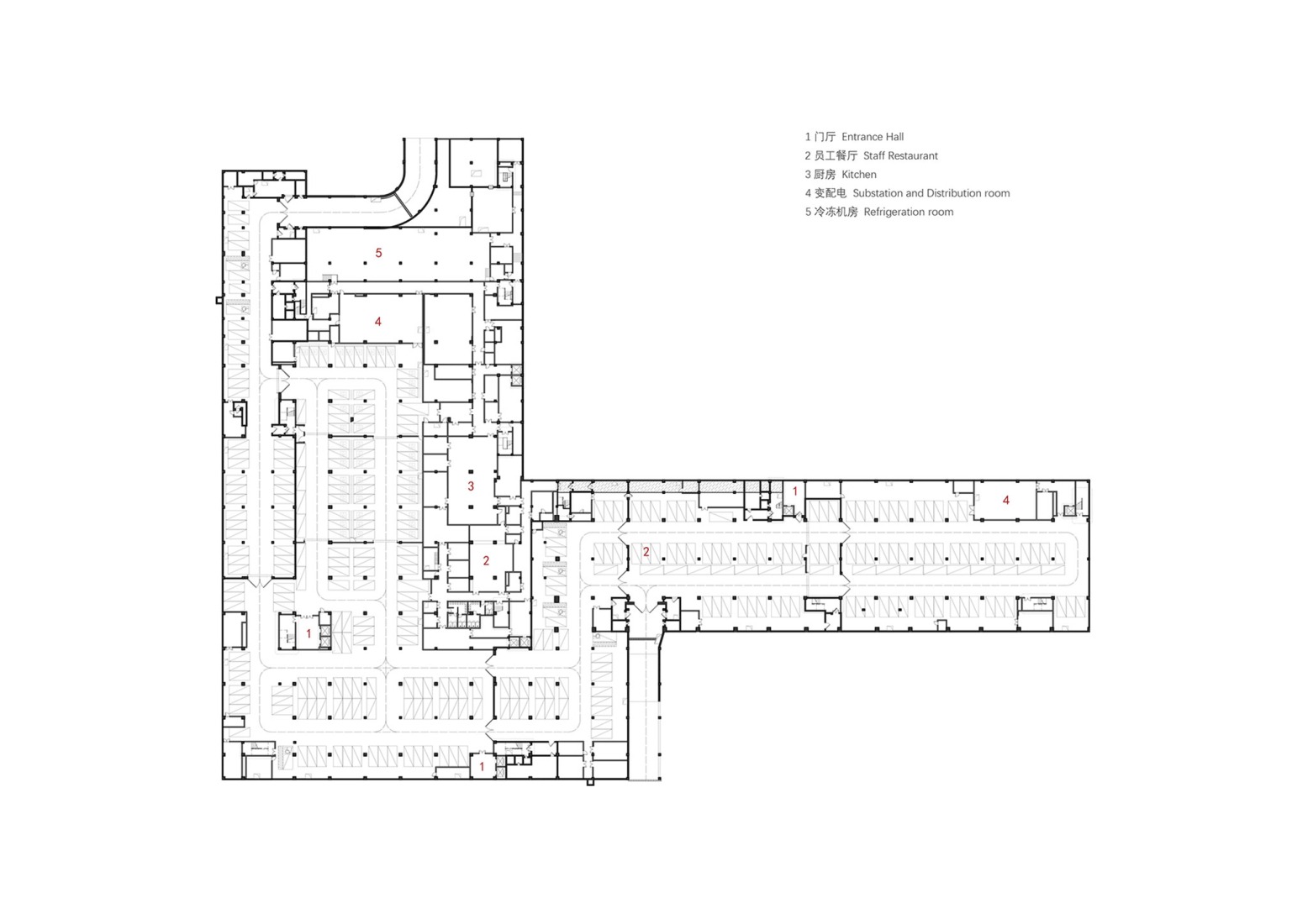Plano de planta sótano, aparcamiento. Centro de servicios de comercialización de productos agrícolas del delta del Río Amarillo por UAD.