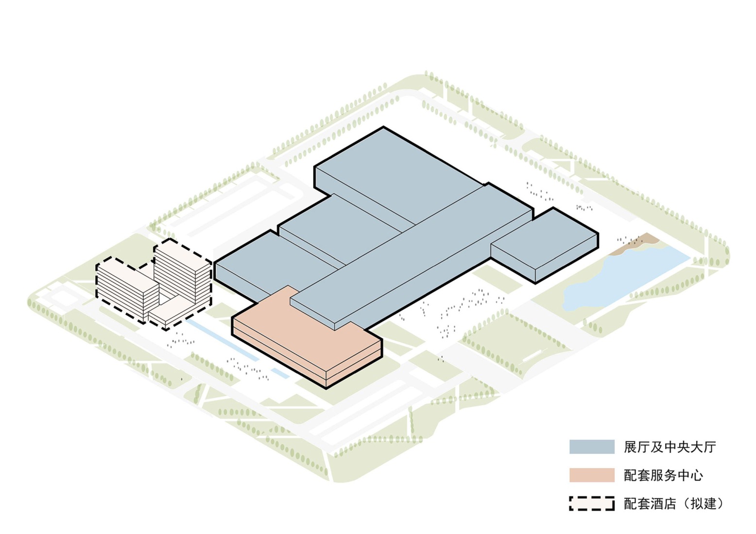 Axonometría, diagrama. Centro de servicios de comercialización de productos agrícolas del delta del Río Amarillo por UAD.