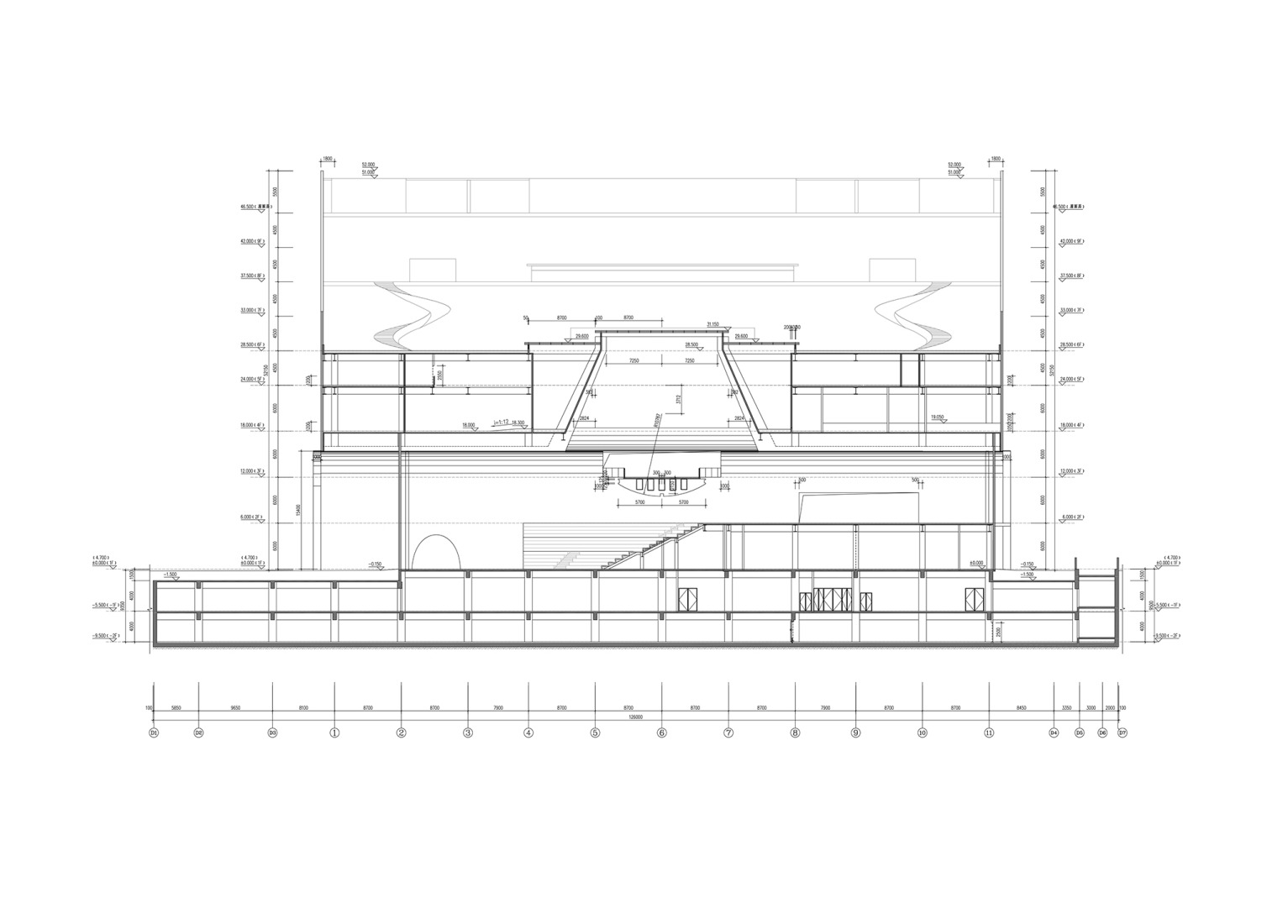 Sección del teatro. Complejo cultural y artístico de Hengqin por Atelier Apeiron.