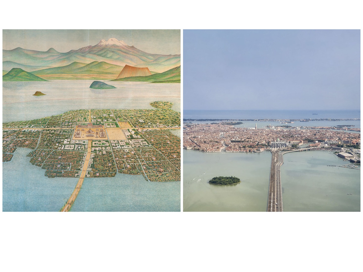 Gran Tenochtitlan in 1519, Luis Covarrubias, Oil on canvas, 1964, Museo Nacional de Antropología and Aerial view of the Venetian lagoon, digital image, 365_visuals/Shutterstock.com. Chinampa Veneta.