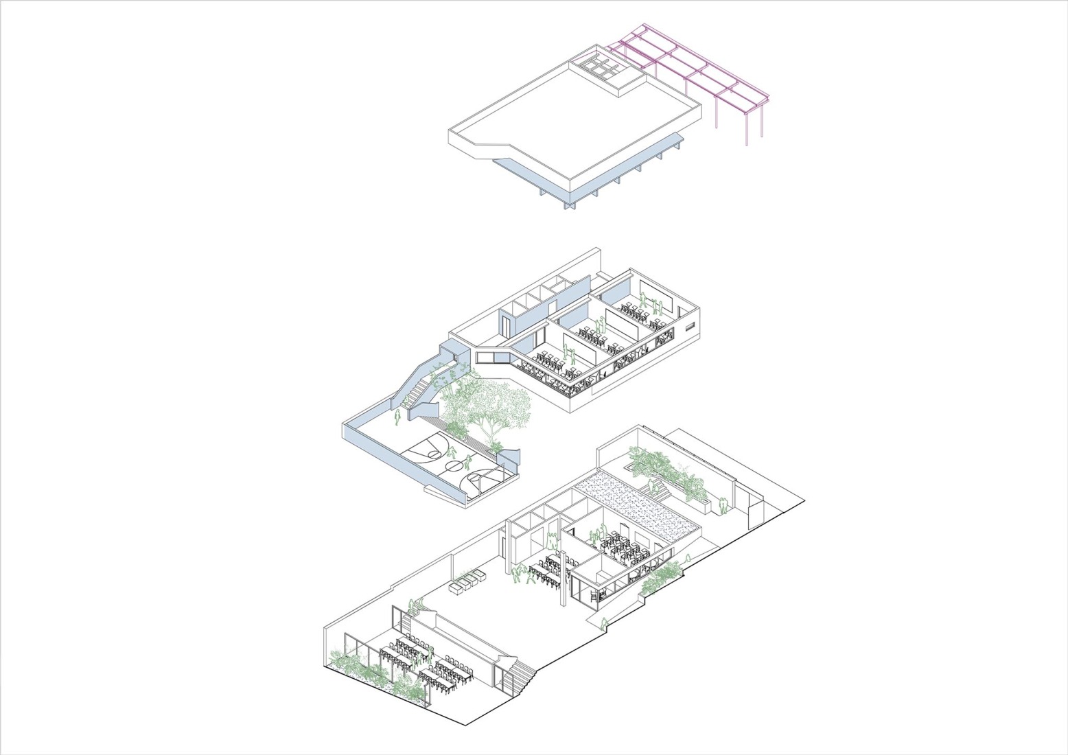 Exploded axonometry. São Sabas College by Guido Otero Arquitetura.