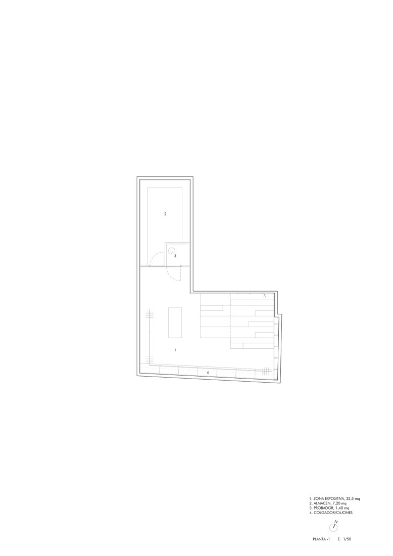 Plano de planta de sótano. Tienda MKR Campana por Guillermo Vázquez Consuegra.