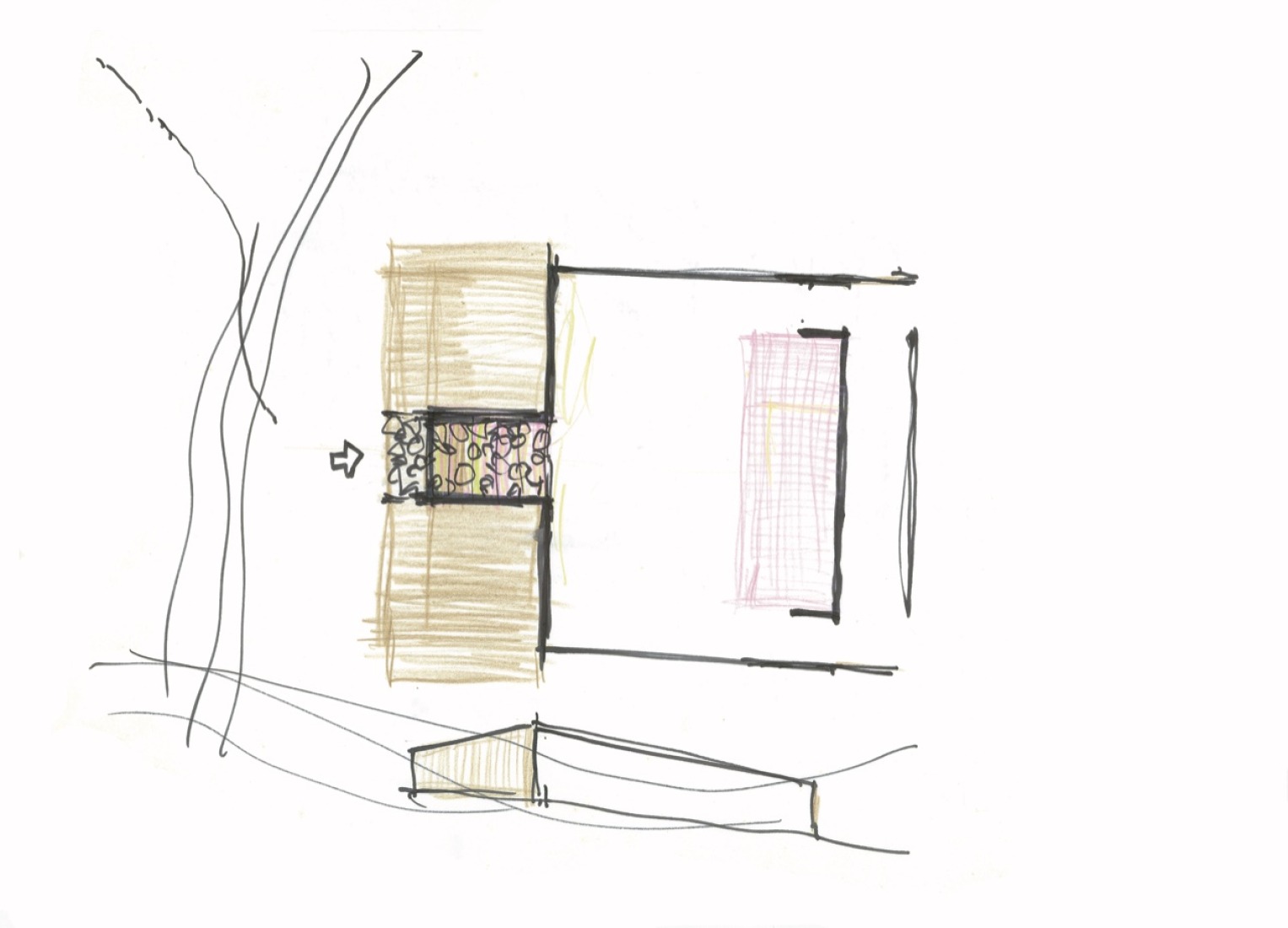 Boceto de «Casa Tanikawa (1974)» de Kazuo Shinohara. Cortesía por el laboratorio de Shin-ichi Okuyama, Instituto de Ciencias de Tokio.