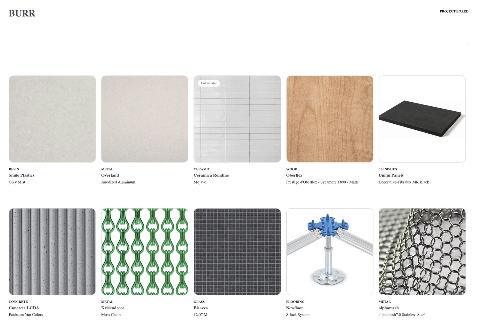 Tablero de materiales elegido por BURR. Fotografía cortesía por Matter y Material Bank.