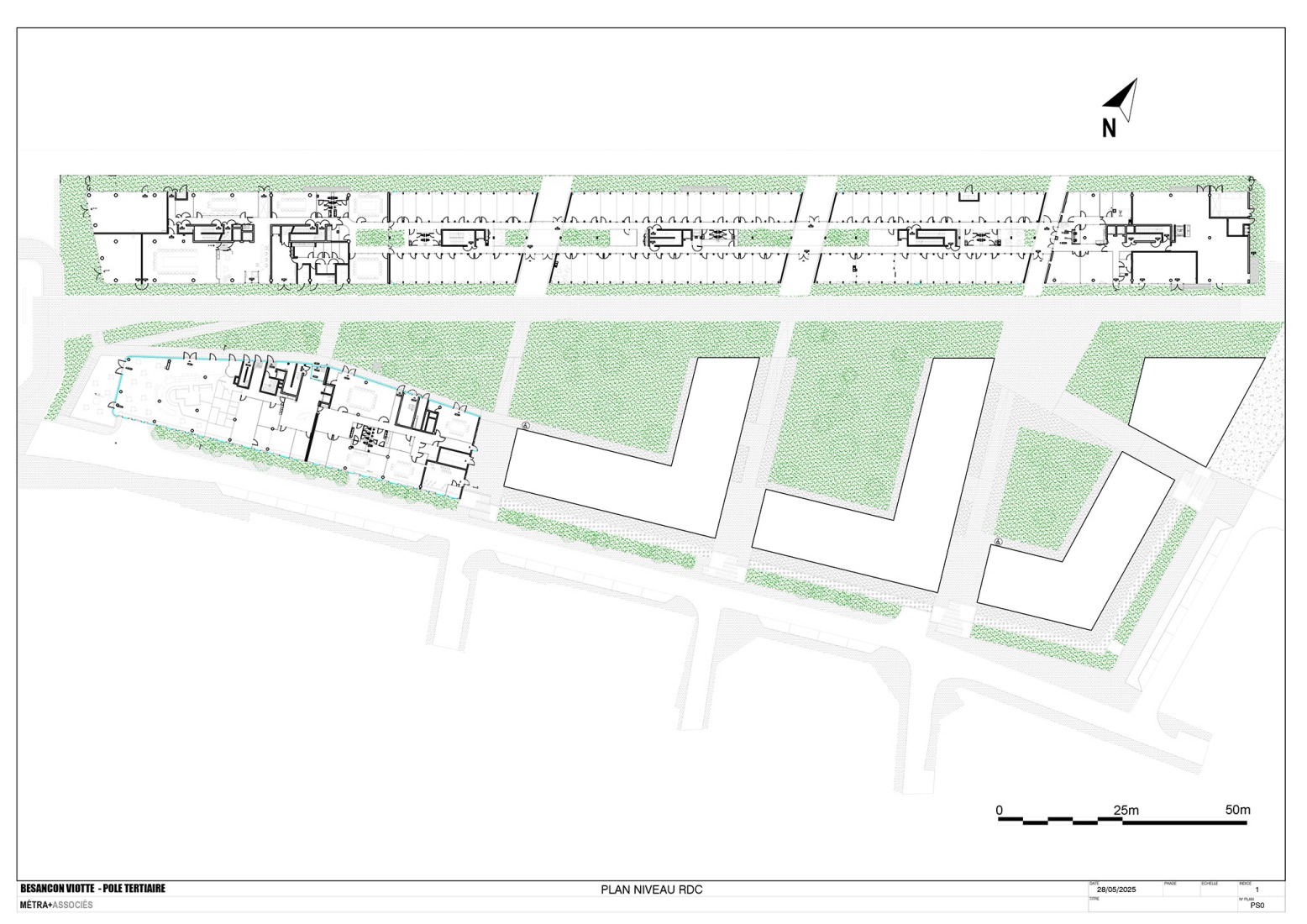 Plano de planta baja. Centro comercial y residencias en Besanzón por MÉTRA+ASSOCIÉS.