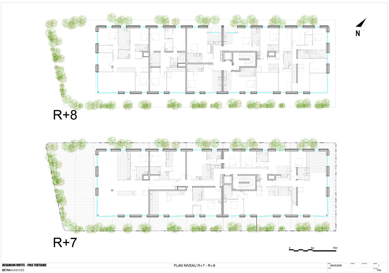 Plano de viviendas, planta séptima y octava. Centro comercial y residencias en Besanzón por MÉTRA+ASSOCIÉS.