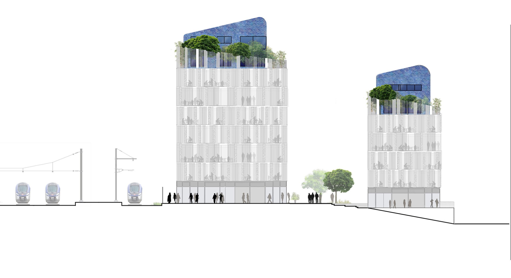 Alzado oeste. Centro comercial y residencias en Besanzón por MÉTRA+ASSOCIÉS.