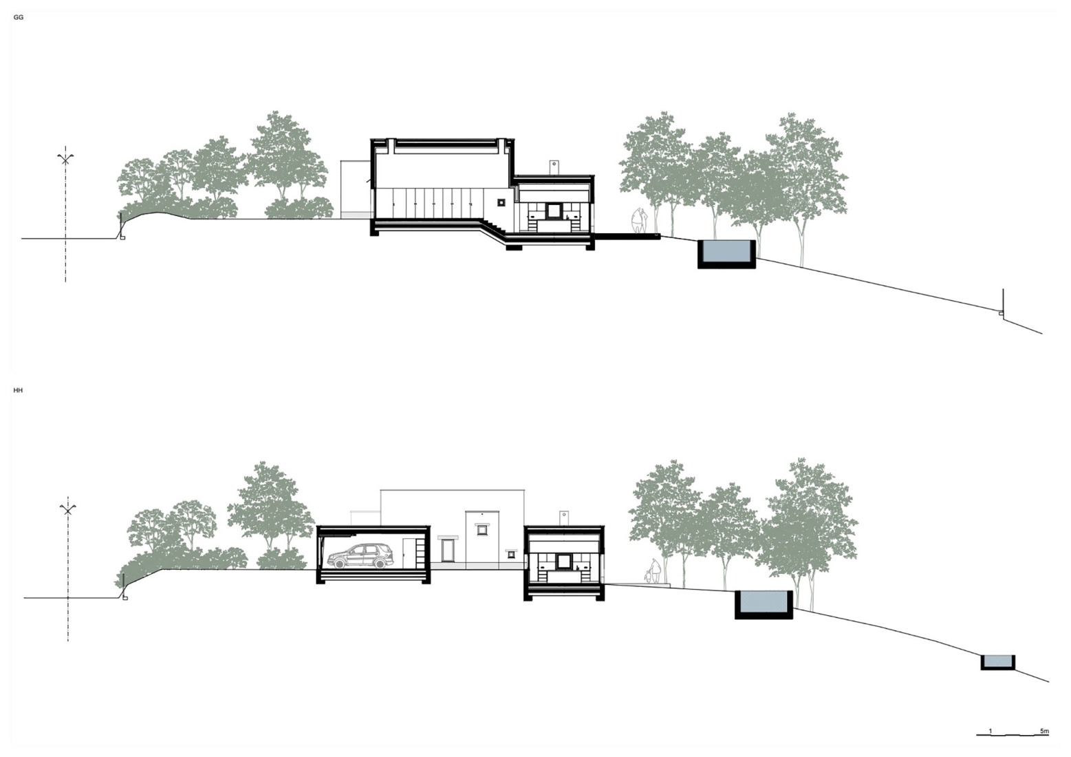 Sección longitudinal. Casa Pedrantil por Helder da Rocha Arquitectos. 