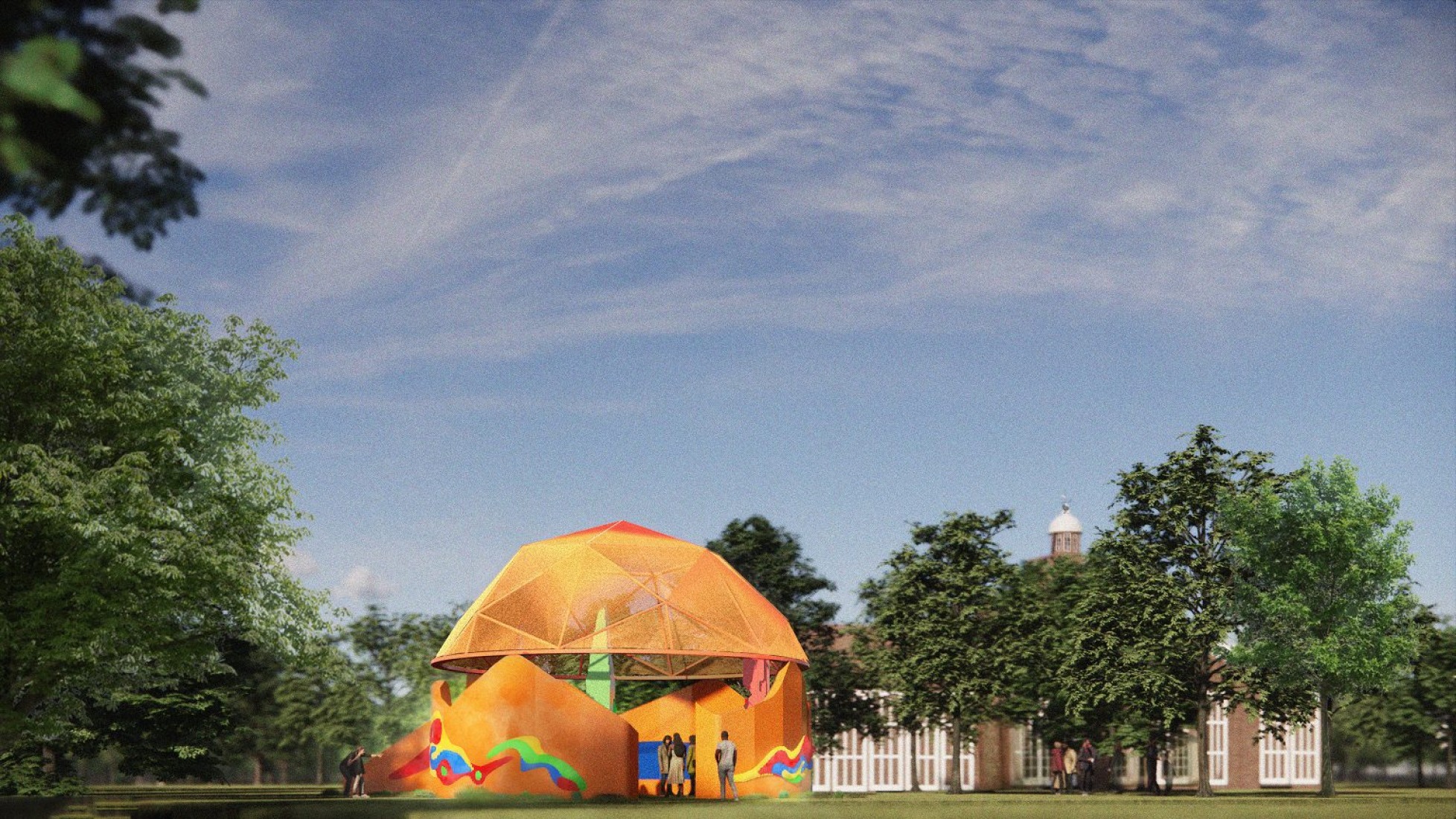 Play Pavilion, designed by Peter Cook (Peter Cook Studio Crablab), in collaboration with Serpentine and the LEGO Group. Design render, aerial view. Photograph Peter Cook (Peter Cook Studio Crablab). Courtesy Serpentine.