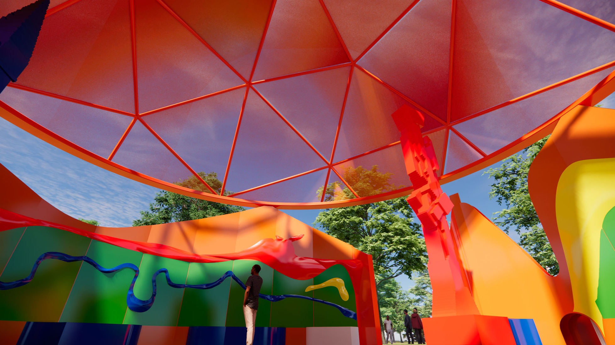 Play Pavilion, designed by Peter Cook (Peter Cook Studio Crablab), in collaboration with Serpentine and the LEGO Group. Design render, interior view. Photograph Peter Cook (Peter Cook Studio Crablab). Courtesy Serpentine.