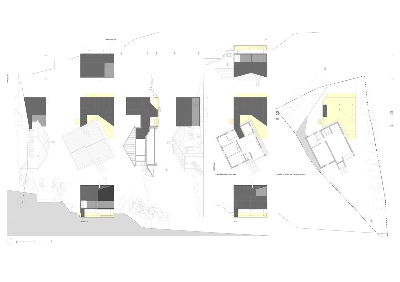 Planos de planta, secciones y alzados. Ampliación y reforma de vivienda unifamiliar por Valdivieso Arquitectos. 