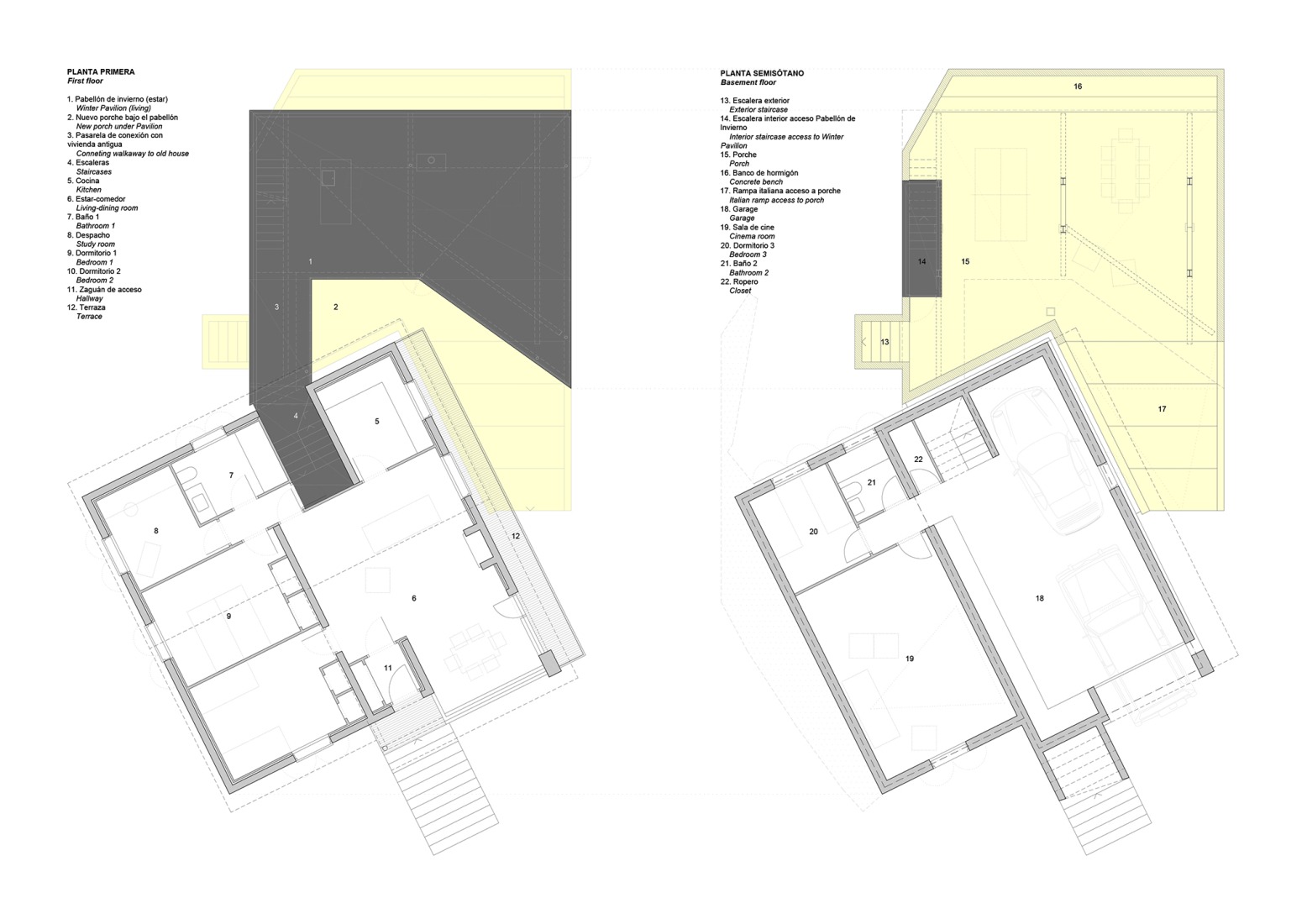 Plano de planta primera y planta sótano. Ampliación y reforma de vivienda unifamiliar por Valdivieso Arquitectos.