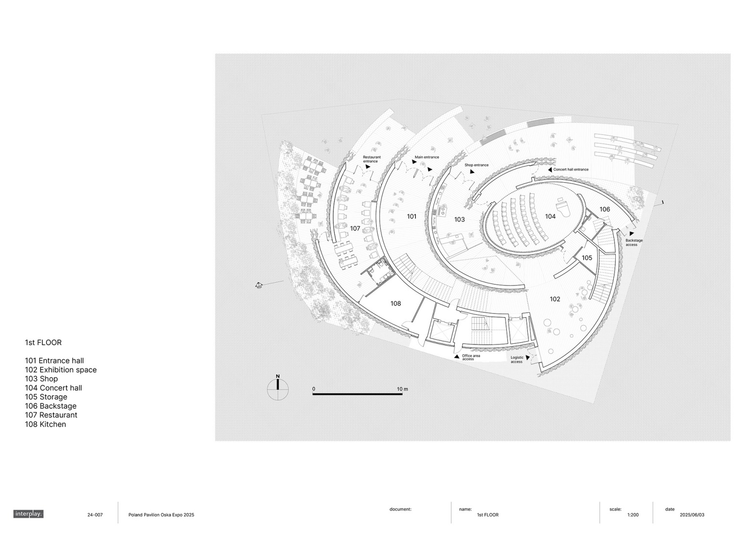 Plano de primera planta. Pabellón de Polonia Expo Osaka 2025 por Interplay architects + Komy studio.