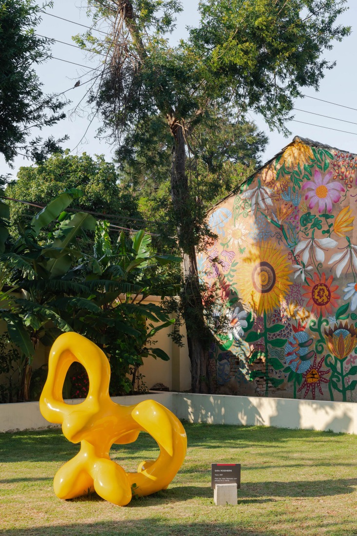 View of the Outdoor Playground O, featuring Yaya (2021) by Sara Rosenberg. Resin-coated fibreglass with PU paint and varnish, 150 × 150 × 80 cm. Fábrica de Arte Marcos Amaro (FAMA) by KAAN. Photograph by Sebastian van Damme.