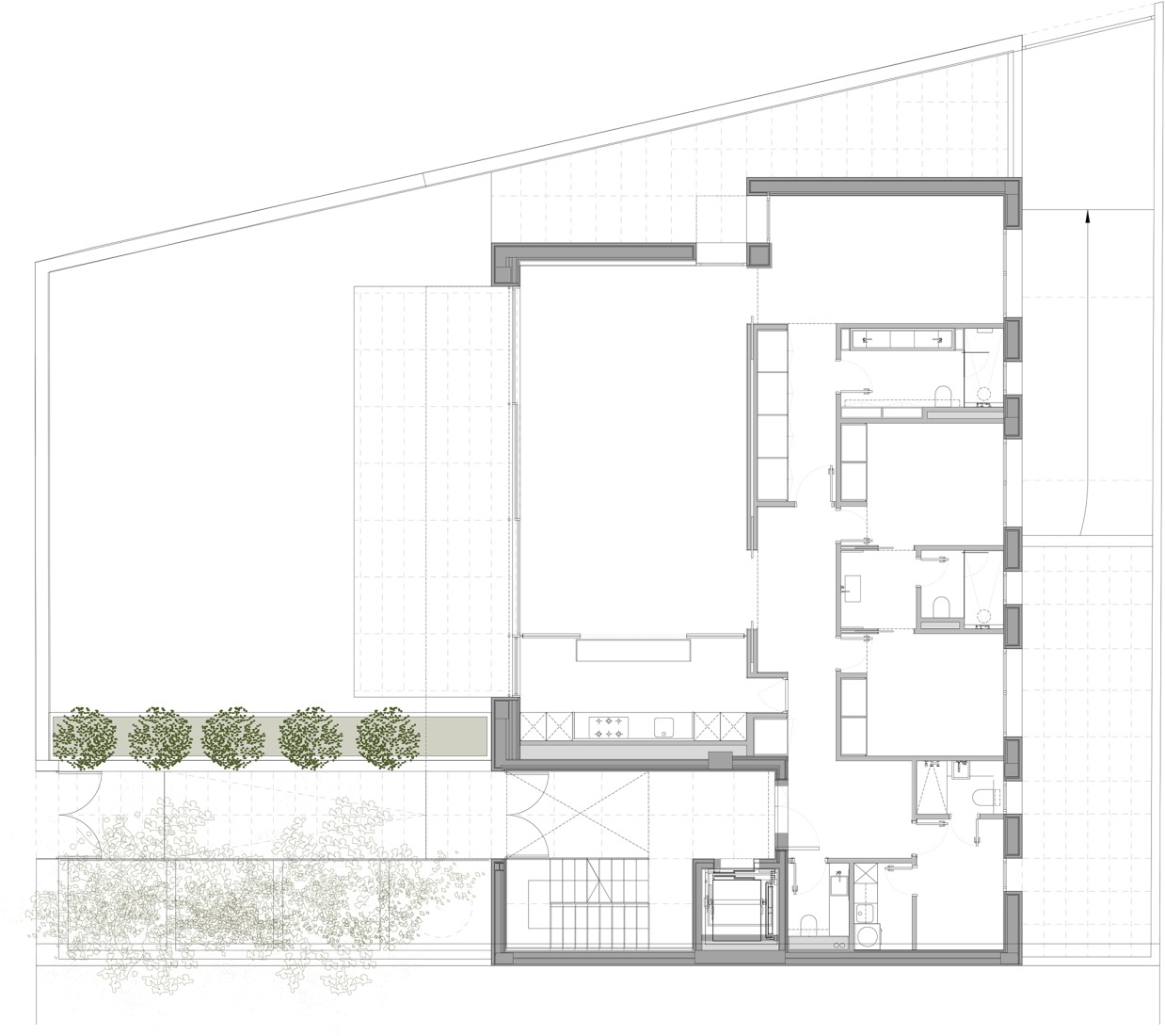 Ground floor plan. Three dwellings in the Colonia El Viso by Riaño Arquitectos, GCA Architects.