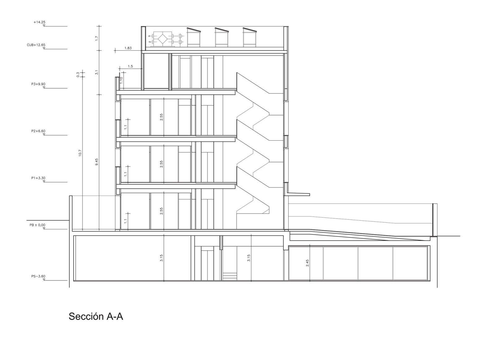 Section. Three dwellings in the Colonia El Viso by Riaño Arquitectos, GCA Architects.