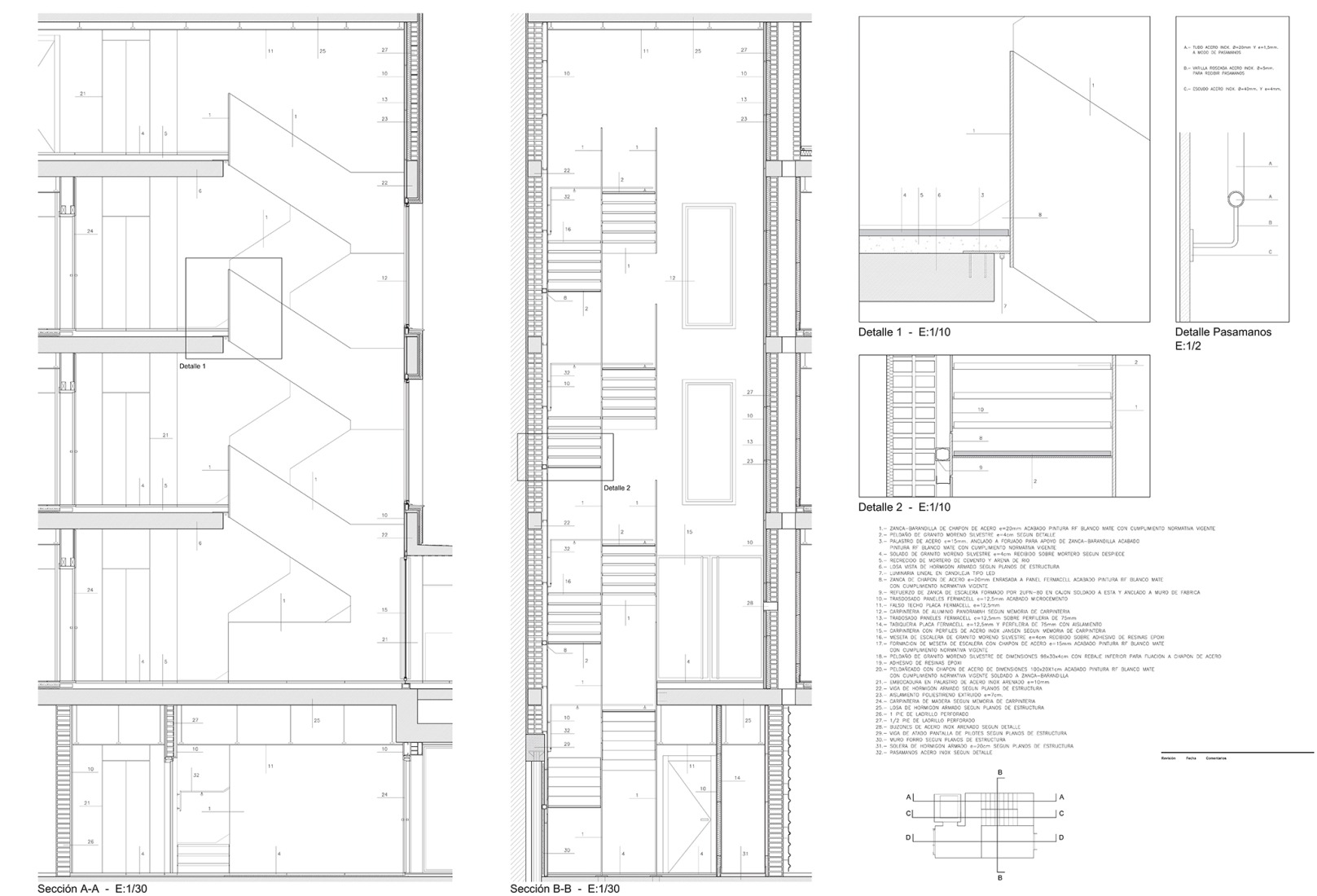 Staircase detail. Three dwellings in the Colonia El Viso by Riaño Arquitectos, GCA Architects.