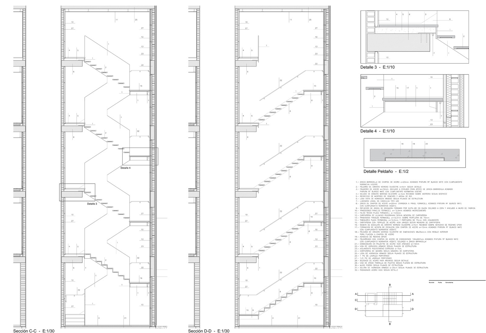 Staircase detail. Three dwellings in the Colonia El Viso by Riaño Arquitectos, GCA Architects.