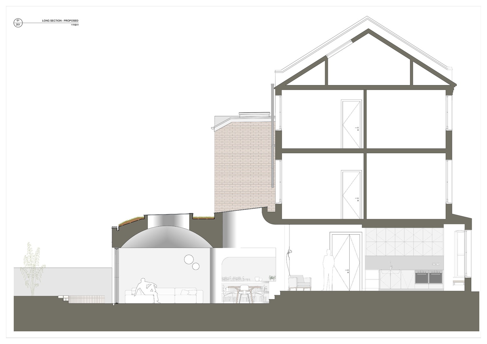 Sección longitudinal nueva. «Dome House» por Roberto Di Donato Architecture.