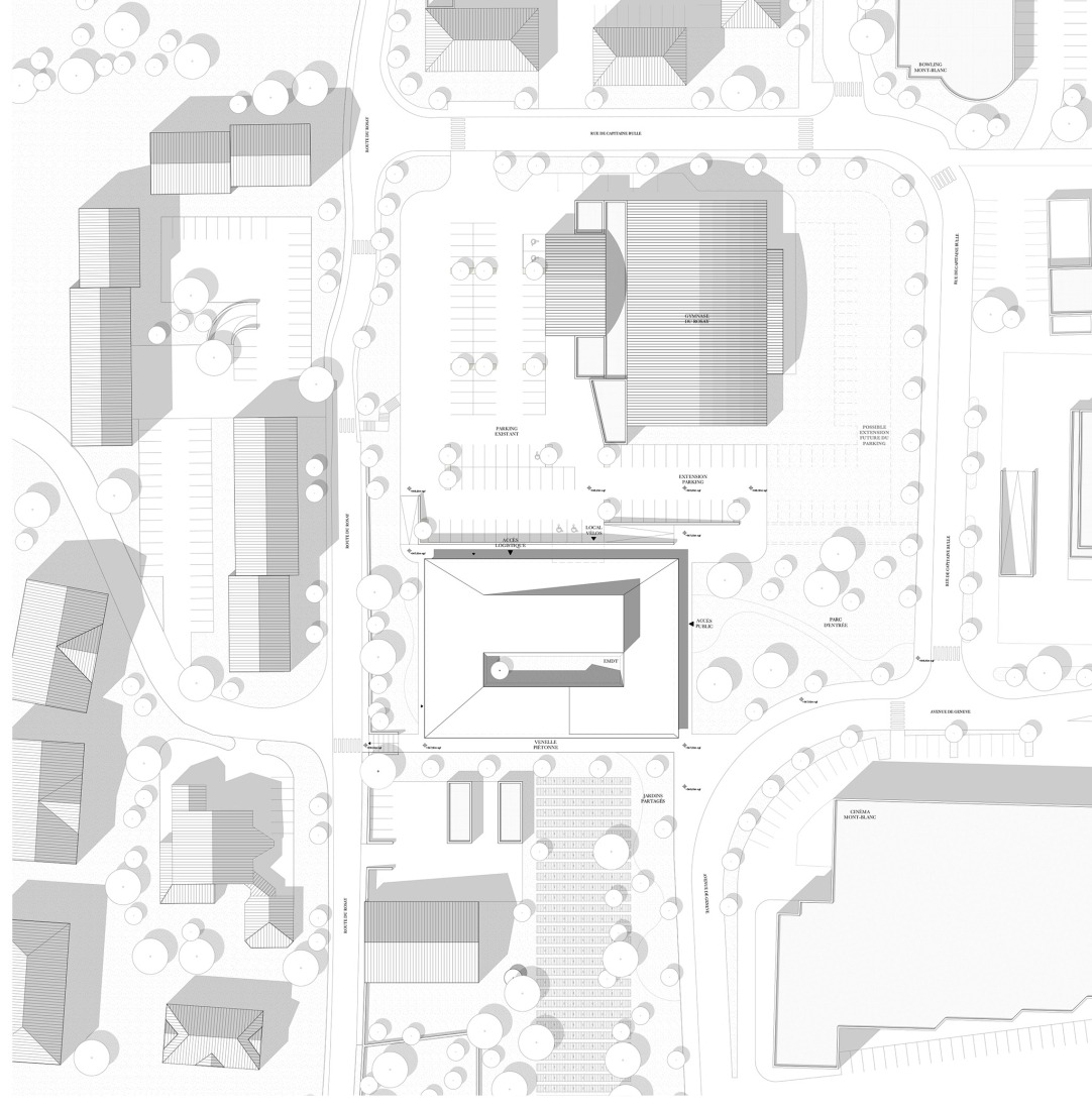 Site plan. School of music, dance and theater by LINK architectes + DLD architectes. 