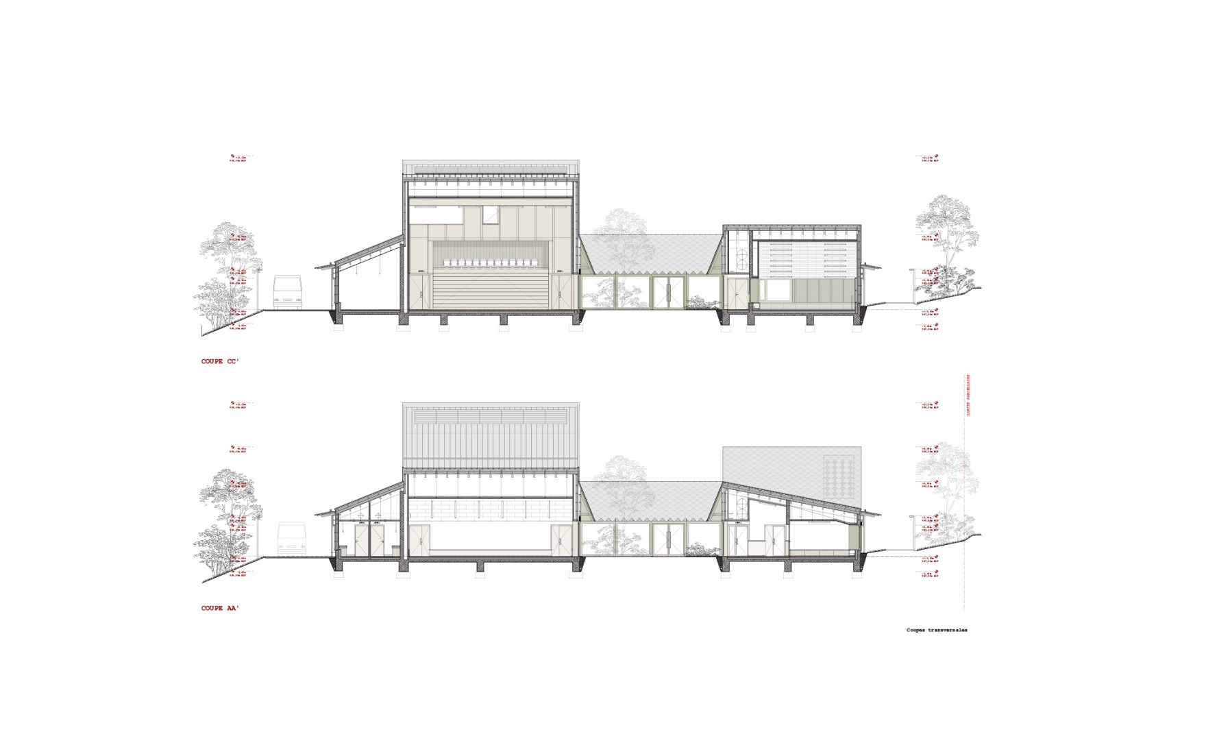 Cross section. School of music, dance and theater by LINK architectes + DLD architectes. 