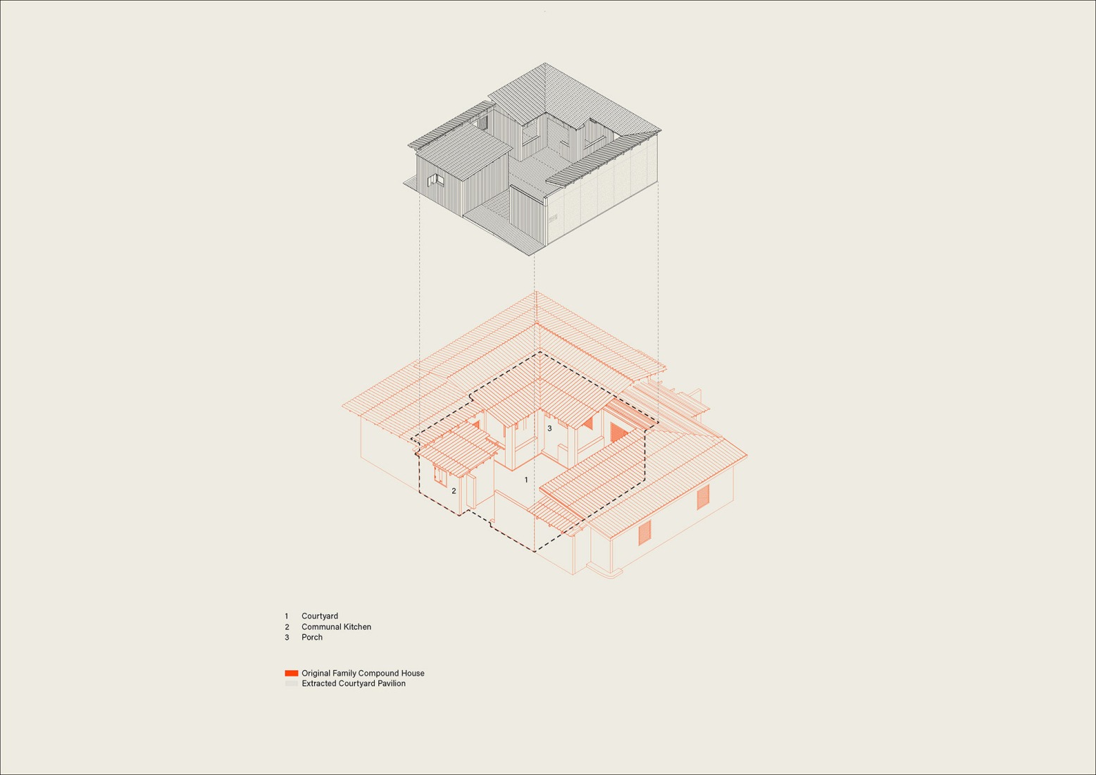 Axonometry of the house. "I Do Not Come to You By Chance" by DeRoche Projects.