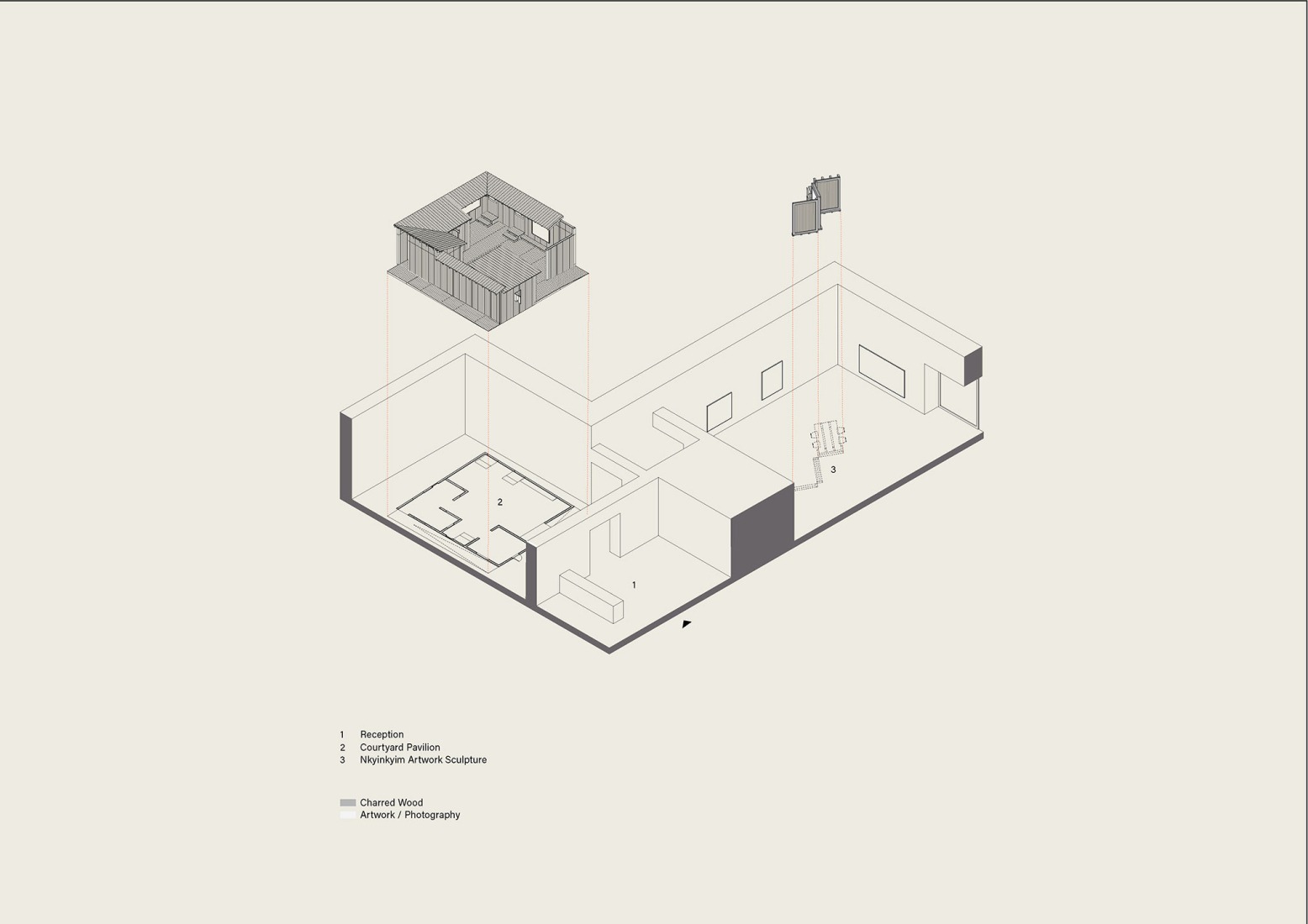 Axonometry of the gallery. "I Do Not Come to You By Chance" by DeRoche Projects.