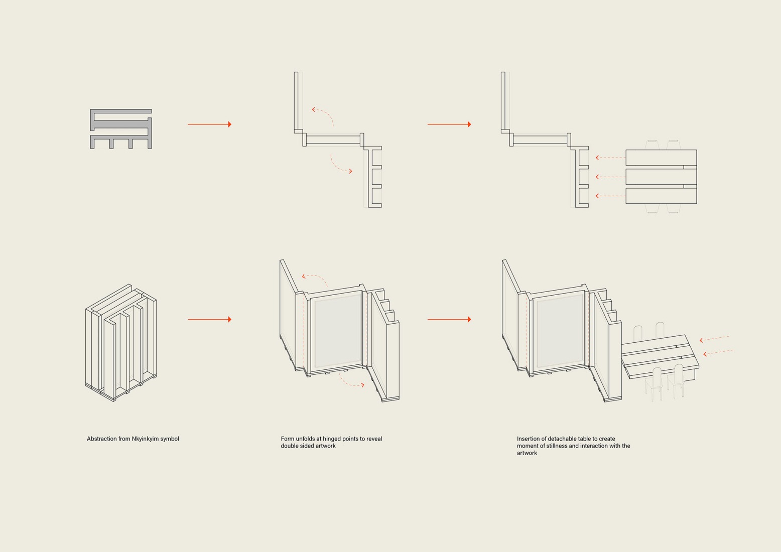 Axonometry of elements. "I Do Not Come to You By Chance" by DeRoche Projects.