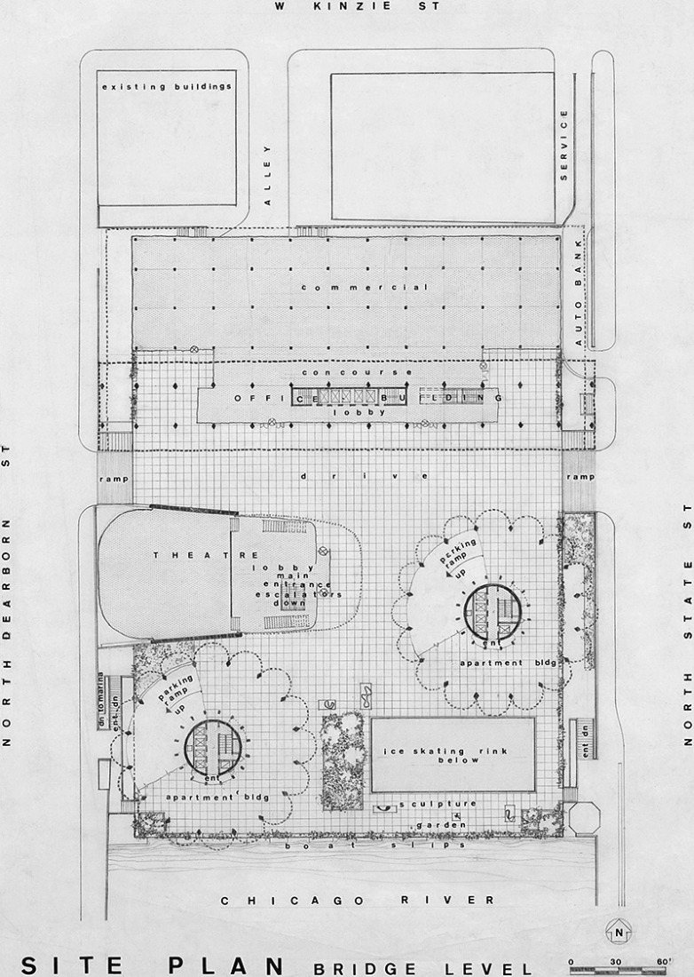 Location plan of the proposal by Bertrand Goldberg Associates, 1959. Image courtesy of Marina City Org.  Location plan of the proposal by Bertrand Goldberg Associates, 1959. Image courtesy of Marina City Org.