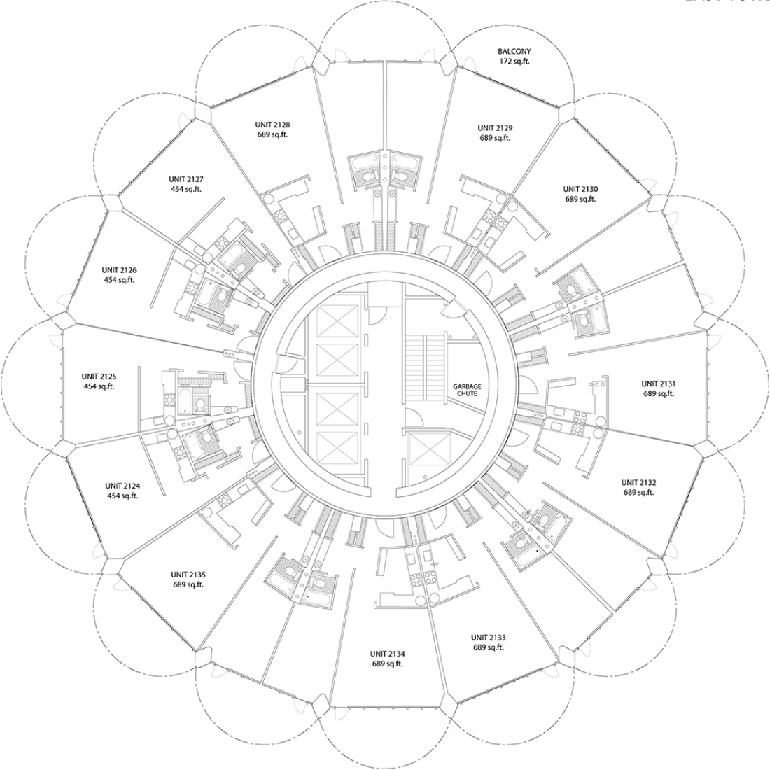 East Tower, floors 21-53, of Marina City designed by Bertrand Goldberg. Image courtesy of Marina City Org.  East Tower, floors 21-53, of Marina City designed by Bertrand Goldberg. Image courtesy of Marina City Org.