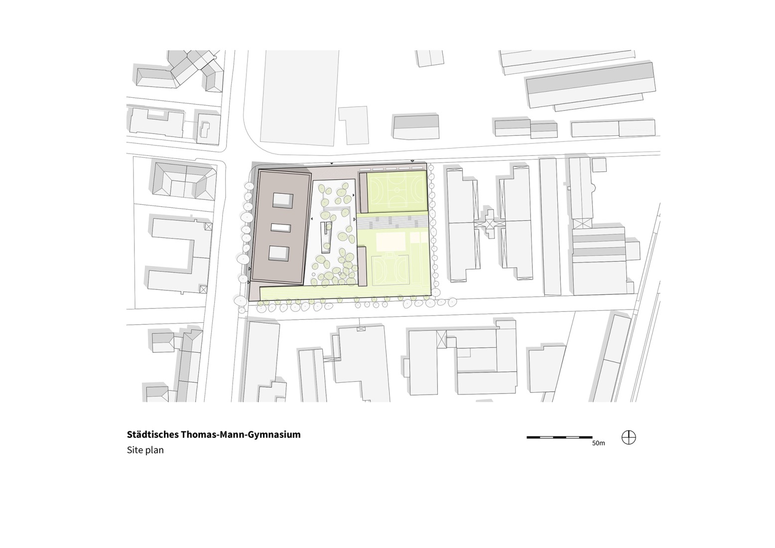 Site plan. Municipal Thomas Mann High School by h4a Gessert + Randecker Architekten.