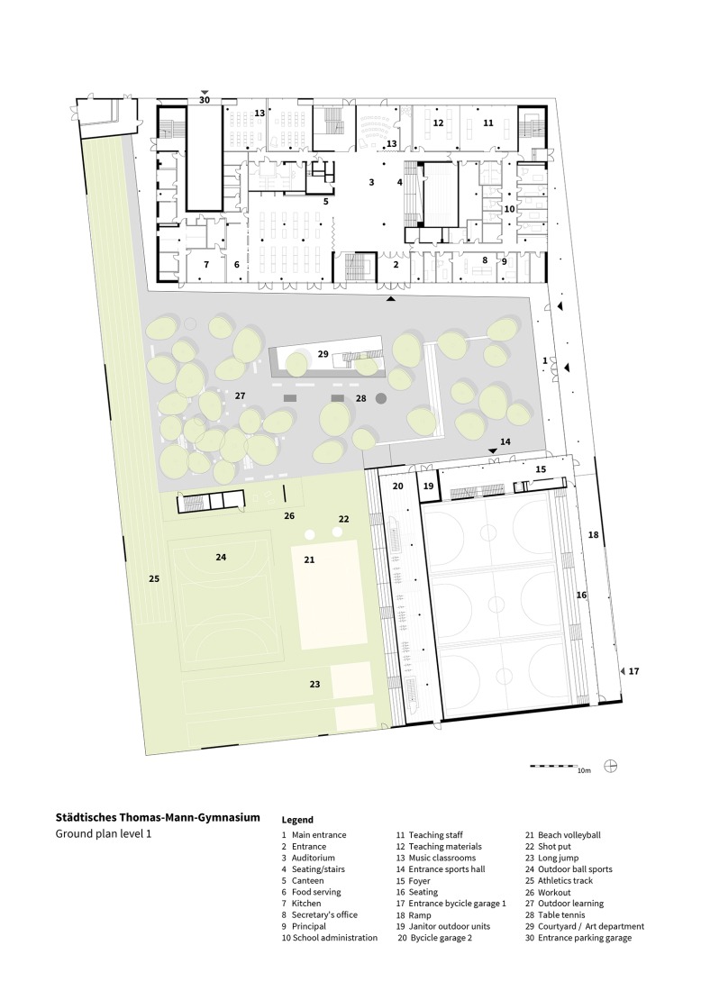 First floor plan. Municipal Thomas Mann High School by h4a Gessert + Randecker Architekten.
