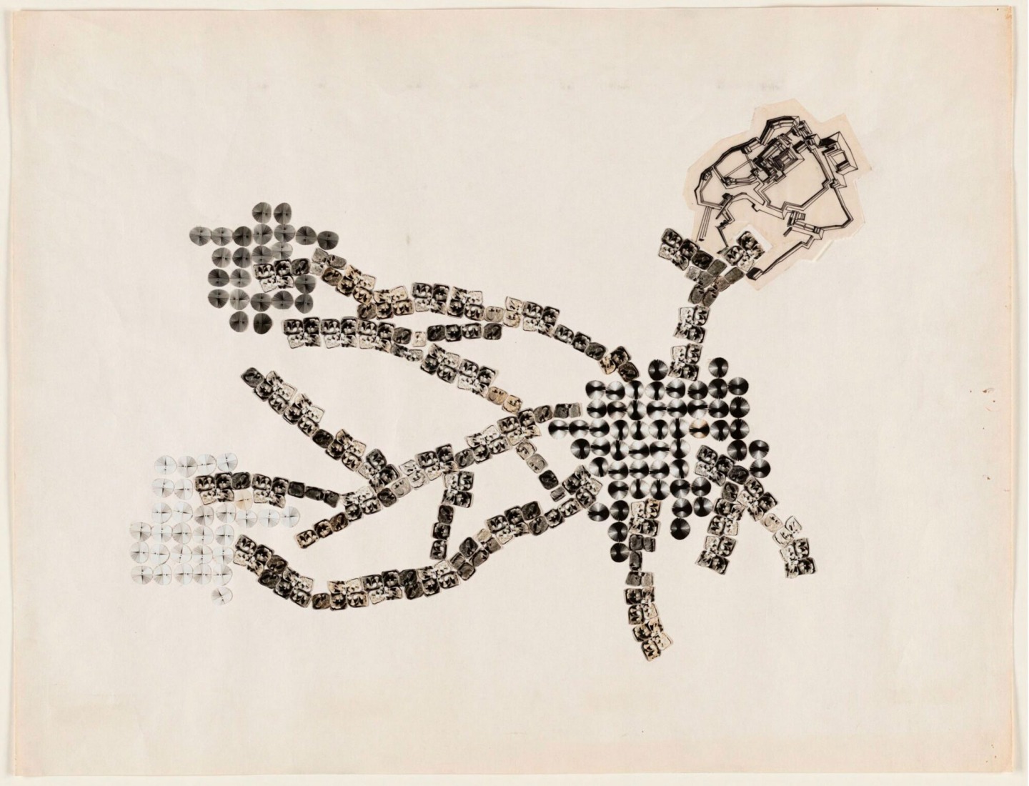 Kisho Kurokawa (japonés, 1934-2007). Proyecto Helix City, Tokio, Japón, 1961. Plano, fotografías en gelatina de plata recortadas y pegadas, y tinta sobre papel vegetal recortado y pegado. 54,6 x 44,5 cm (21 1/2 x 17 1/2"). Donación del arquitecto.