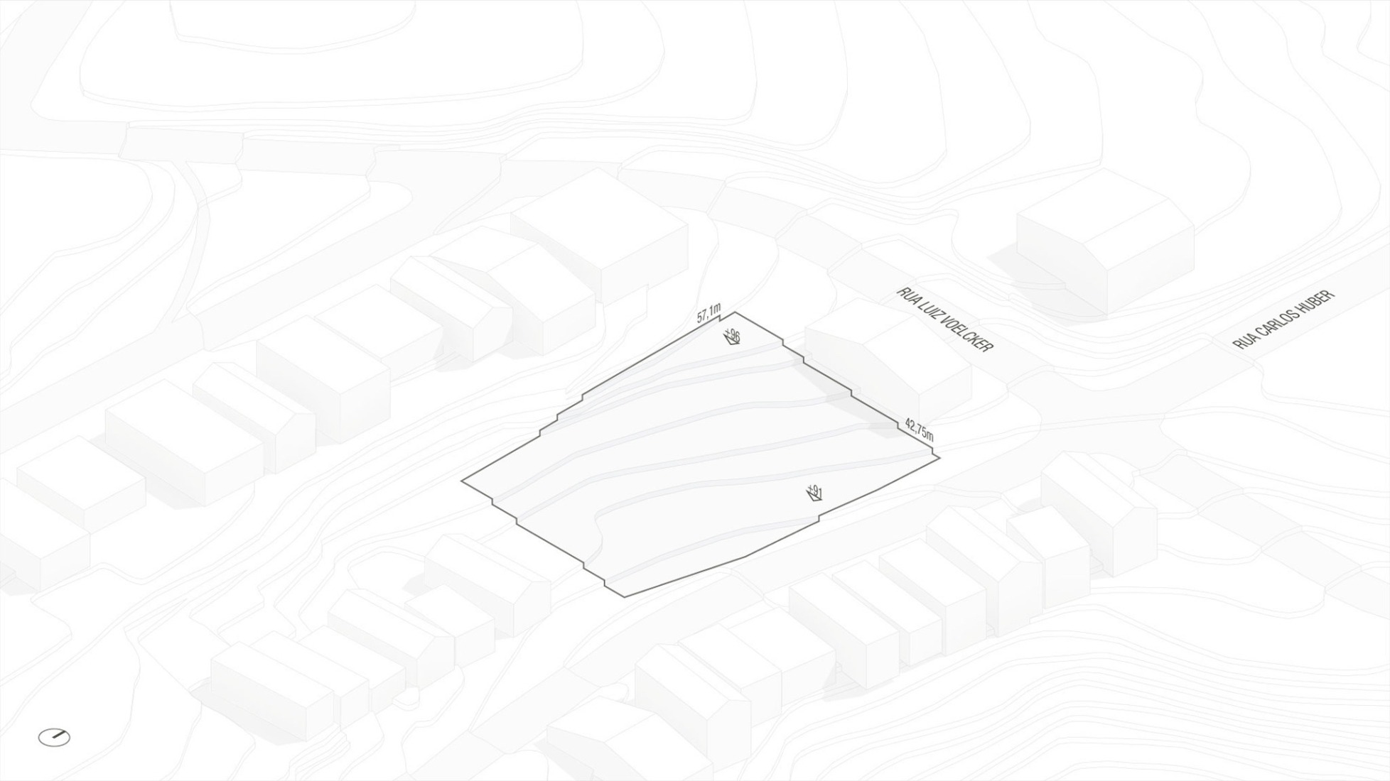 Axonometría. Diagrama de pendientes topográficas. Cap. 1 Três Figueiras por OSPA Arquitetura e Urbanismo.