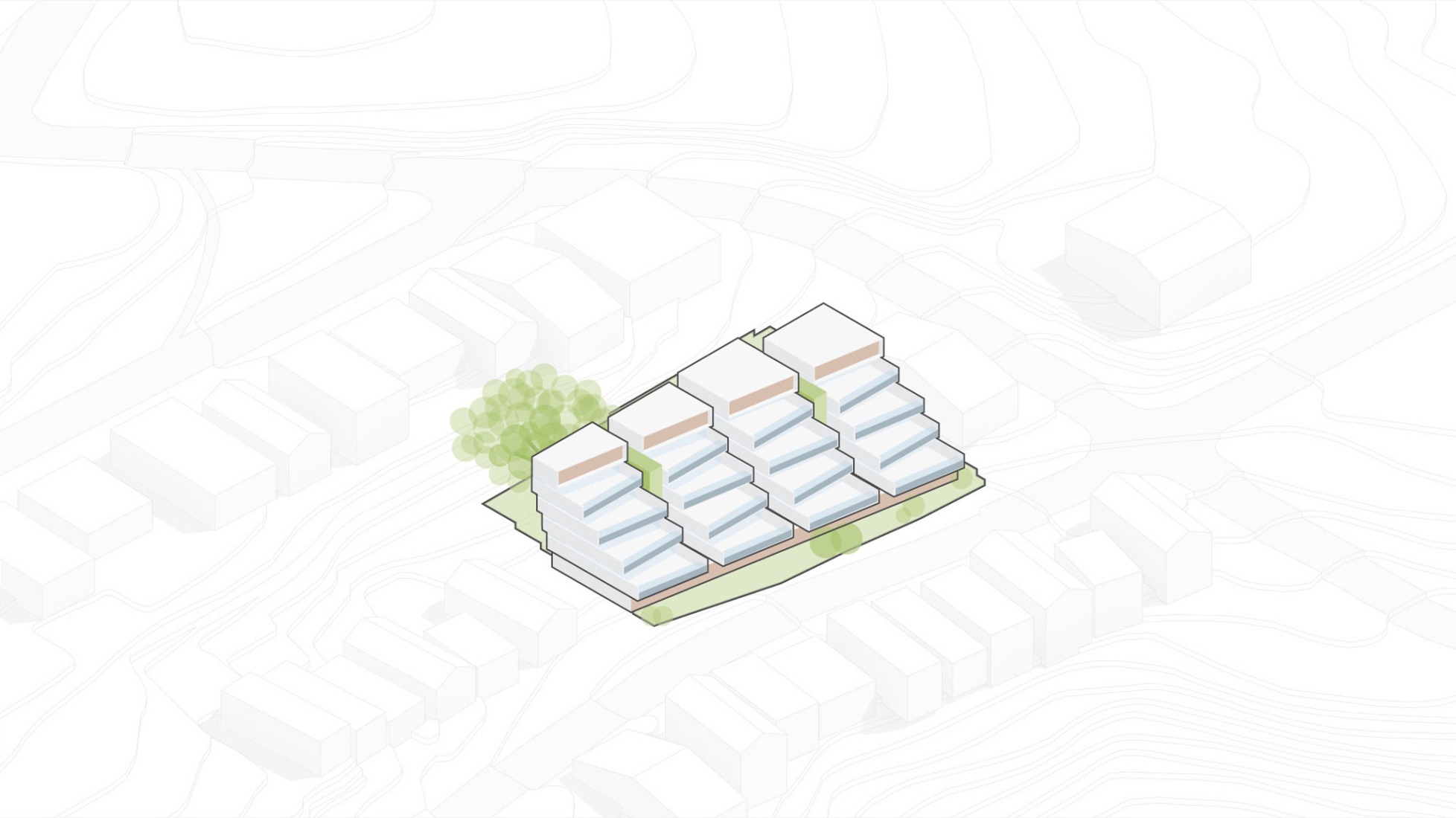 Axonometría. Propuesta de volumetría arquitectónica. Cap. 1 Três Figueiras por OSPA Arquitetura e Urbanismo.