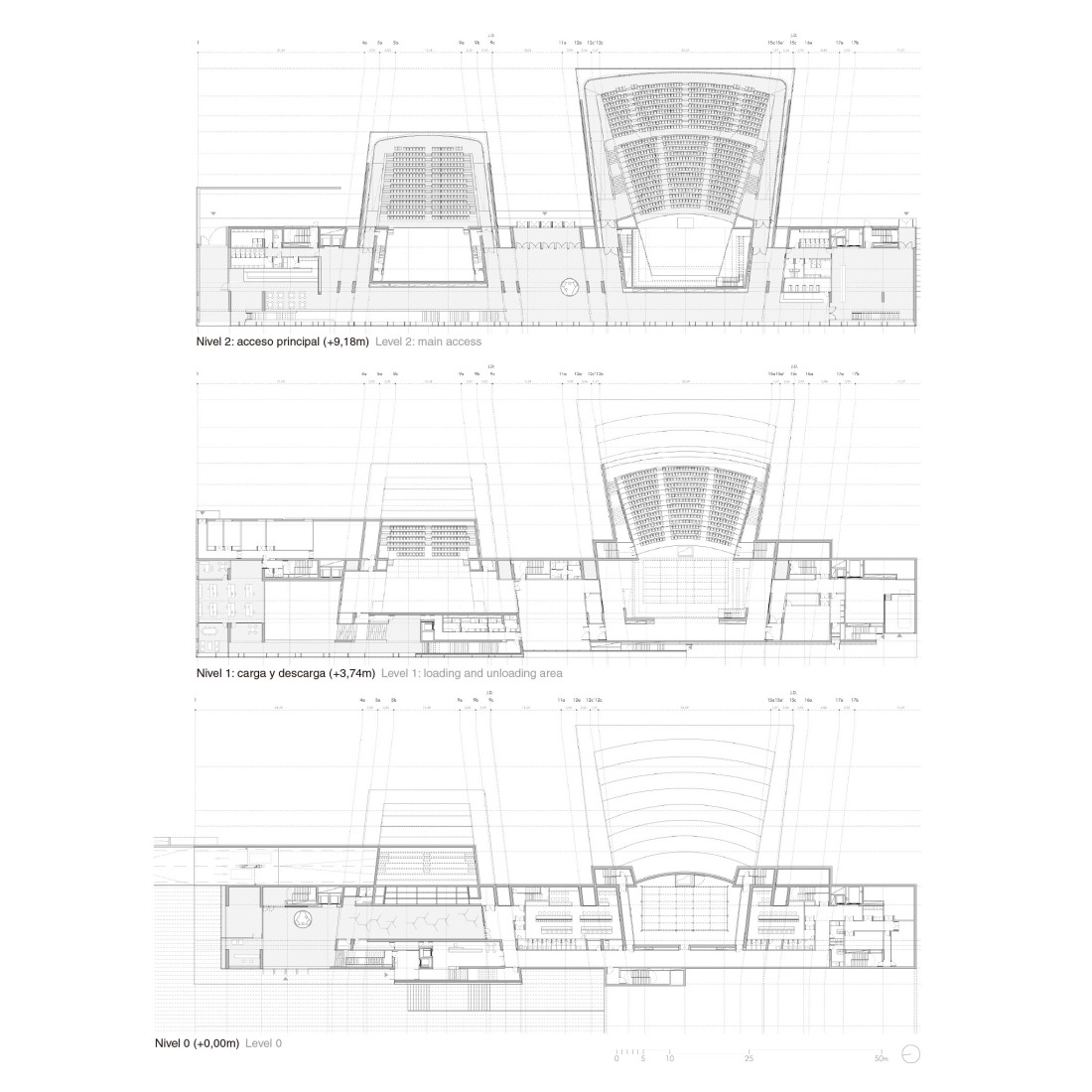 Ground floor, first floor and second floor  plans. Lugo Auditorium by Paredes Pedrosa.