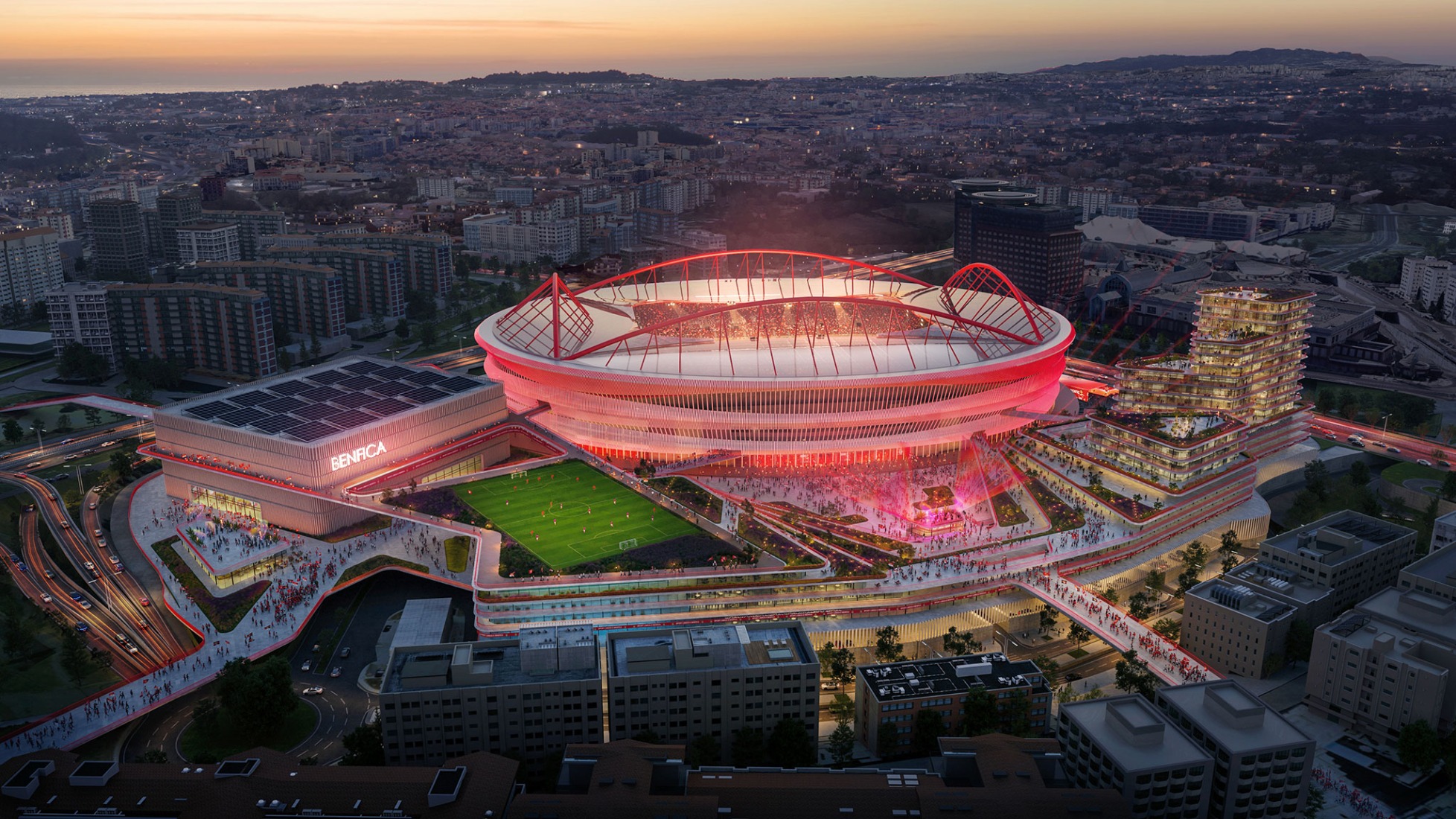Master plan for the Estádio da Luz of S.L. Benfica by Populous and Saraiva + Associados. Rendering courtesy by Populous.